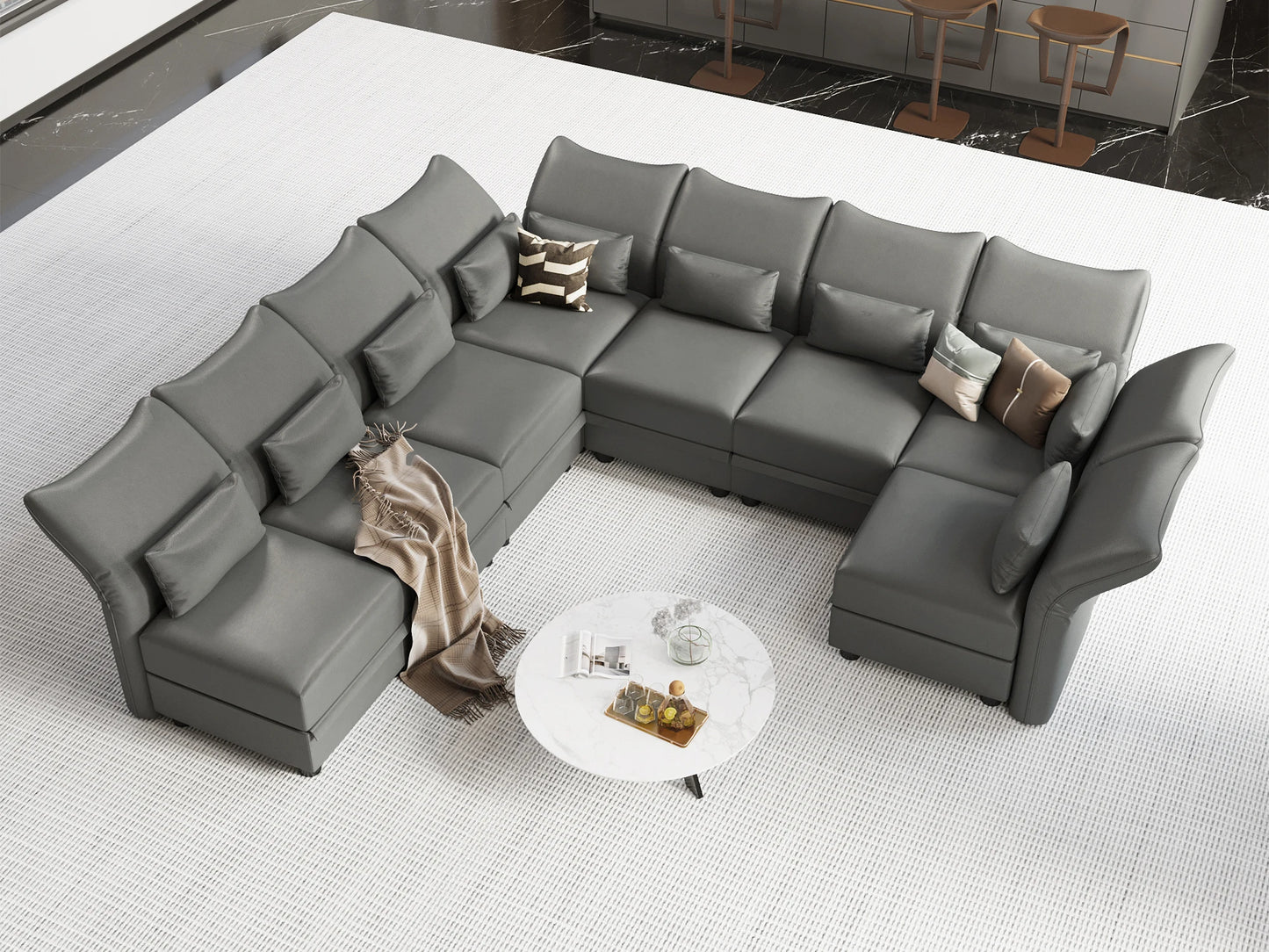 Large Modular Sectional 8 Seat U Shaped Sofa with Storage, Faux Leather Waterproof Sectional Couch for Living Room, Grey