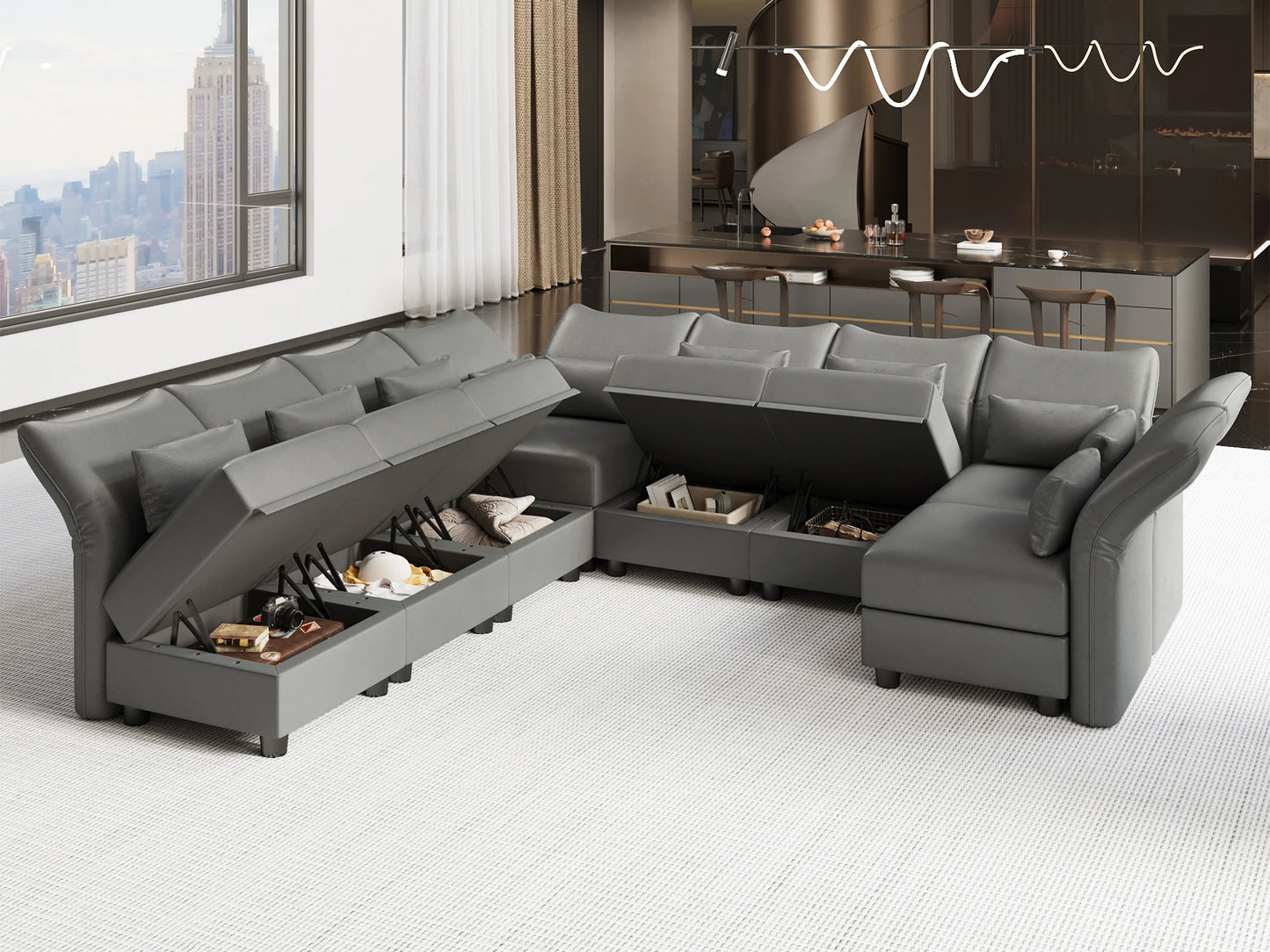 Large Modular Sectional 8 Seat U Shaped Sofa with Storage, Faux Leather Waterproof Sectional Couch for Living Room, Grey