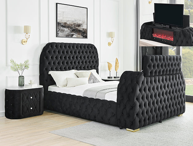 NATALIA BED W/FIREPLACE,TV LIFT GY