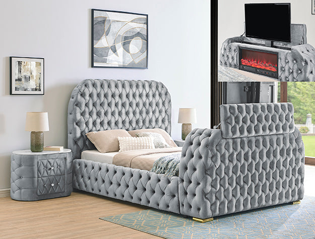 NATALIA BED W/FIREPLACE,TV LIFT GY