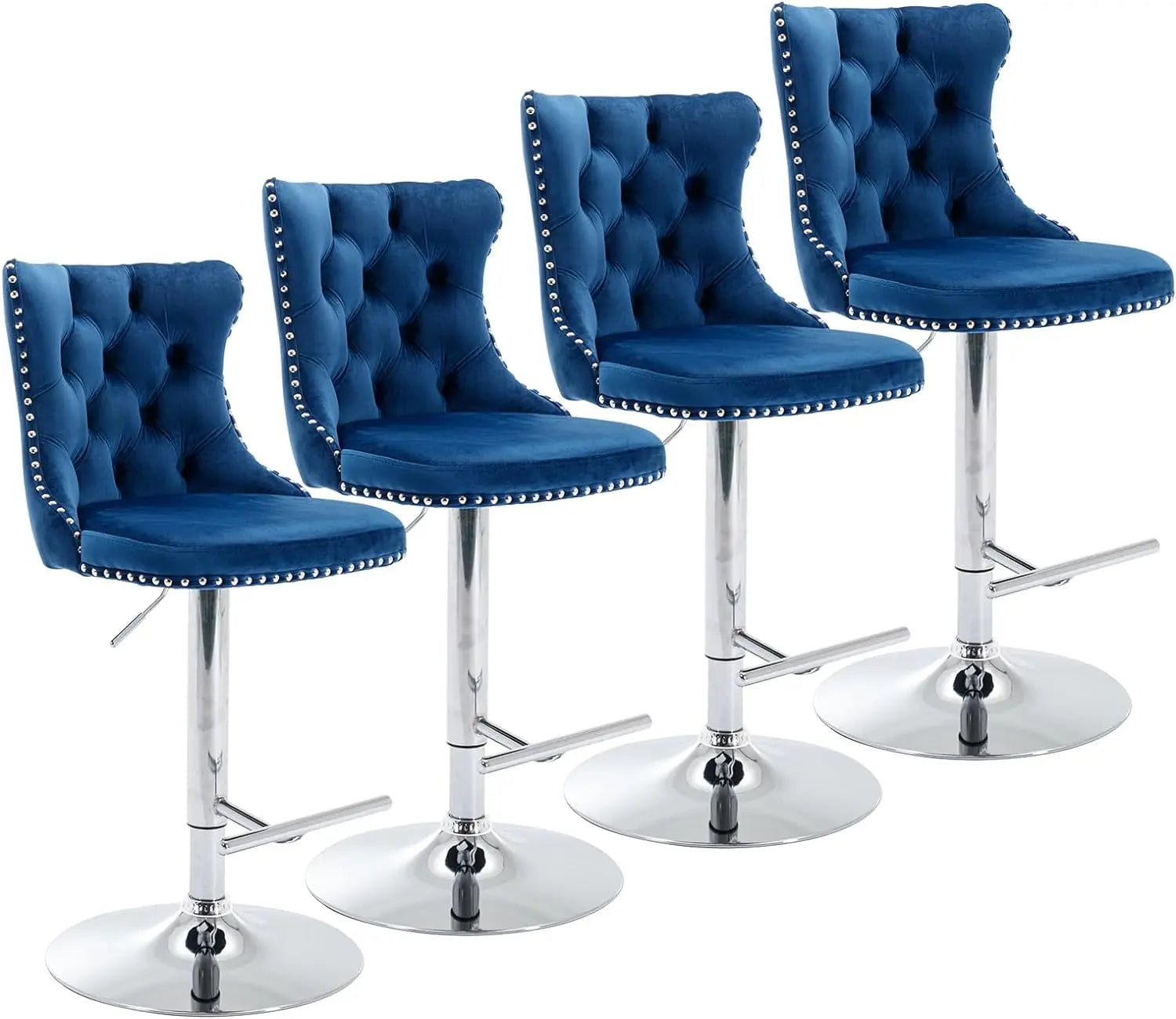 Bar Stools Set of 4 Adjustable Counter Height Barstools with High Back Button Tufted and Nailheads Trim Velvet Upholstered