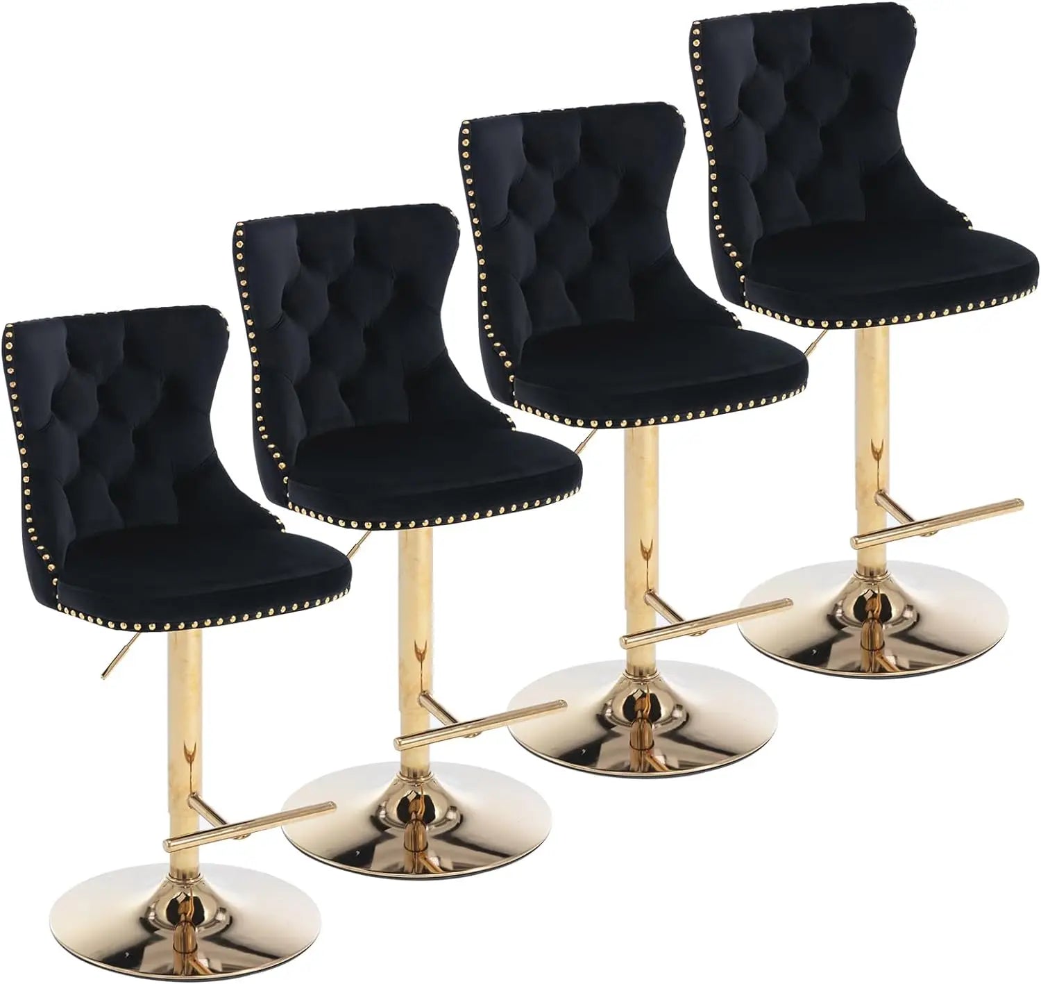 Bar Stools Set of 4 Adjustable Counter Height Barstools with High Back Button Tufted and Nailheads Trim Velvet Upholstered