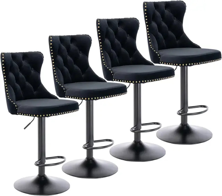 Bar Stools Set of 4 Adjustable Counter Height Barstools with High Back Button Tufted and Nailheads Trim Velvet Upholstered